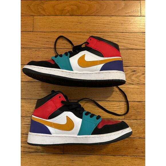 Nike Air Jordan 1 Mid Multicolor Sneakers Men’s US 8.5 | Black Teal Red Gold - Picture 2 of 7